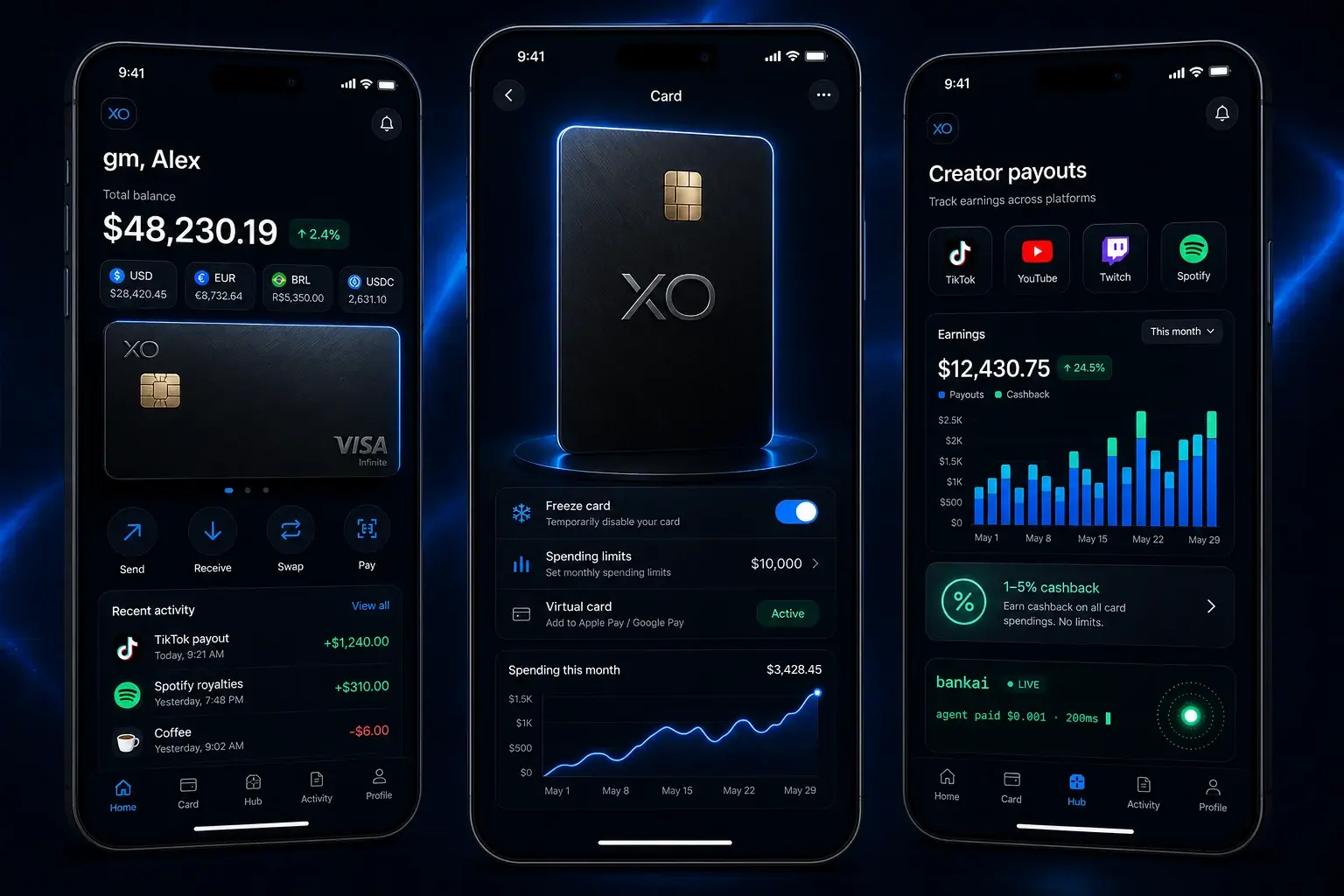 xobank mobile app — home, card and creator payouts screens